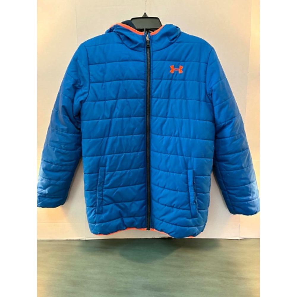 Under Armour Boys XL 18/20 Blue Hooded Puffer Jacket ColdGear Quilted WinterCoat